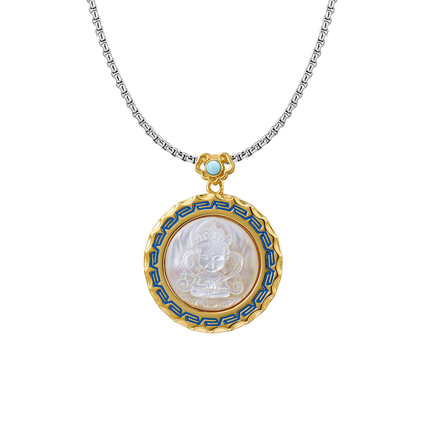 Pure handmade Guanyin pendant in silver with mother-of-pearl and enamel resin, Tibetan Buddhist guardian amulet necklace, Jewelry Art.