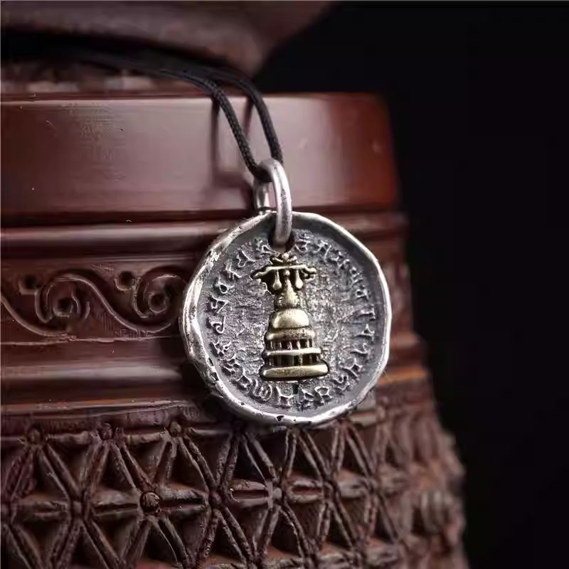 Authentic handmade silver copper stupa accessory, showcasing jewelry art and Tibetan Buddhist Jewelry Culture. Purely handcrafted.