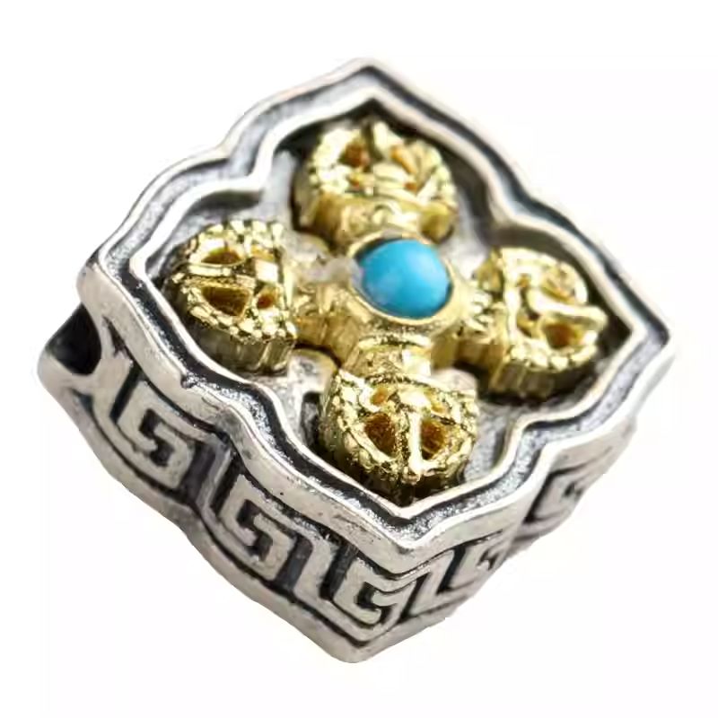 Tibetan Buddhist Jewelry Culture sterling silver copper inlaid Vajra mala accessory. A piece of jewelry art for power and protection.
