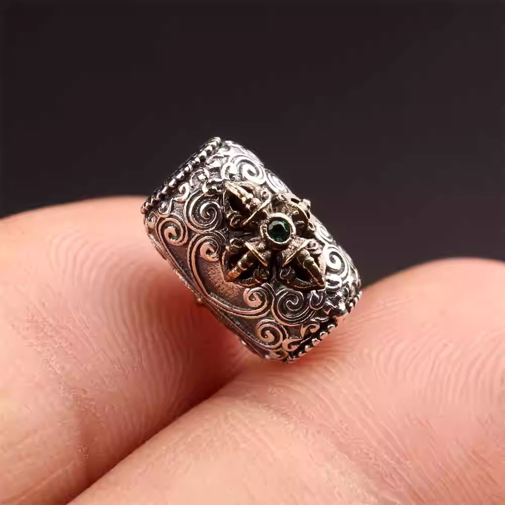 Authentic handmade silver copper Vajra guru bead, showcasing jewelry art and Tibetan Buddhist Jewelry Culture. Purely handcrafted.
