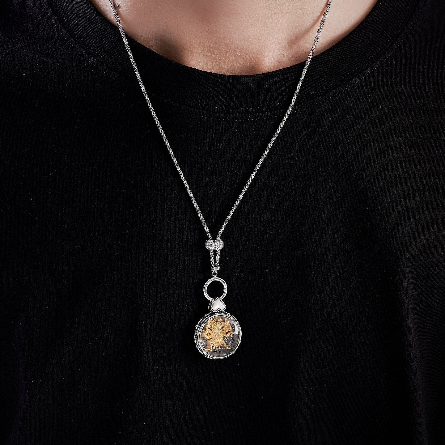 Tibetan-style oxidized S925 silver Mahakala pendant with white shell and copper, handcrafted guardian amulet for men and women, Jewelry Art.