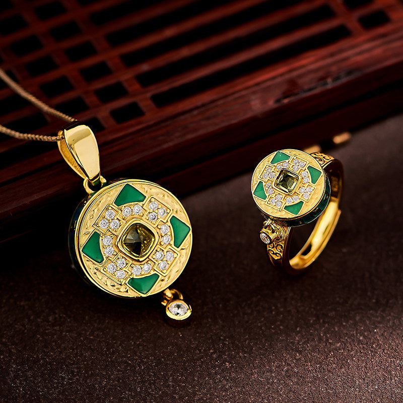 Tibetan Six-Syllable Mantra olivine silver gold pendant and spinning ring, unique unisex spiritual accessory, Tibetan Buddhist Jewelry Culture Jewelry art