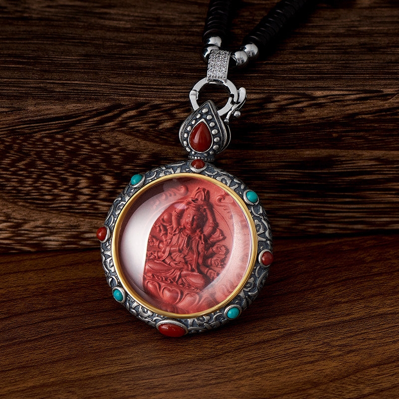 Handcrafted Tibetan Buddhist Zodiac Buddha pendant in red cinnabar and silver, featuring Avalokiteshvara for protection and spiritual blessings, Jewelry Art.