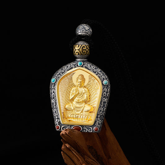 Handcrafted Tibetan Buddhist Zodiac Buddha pendant in silver and copper, featuring Avalokiteshvara for spiritual protection and blessings, Jewelry Art.
