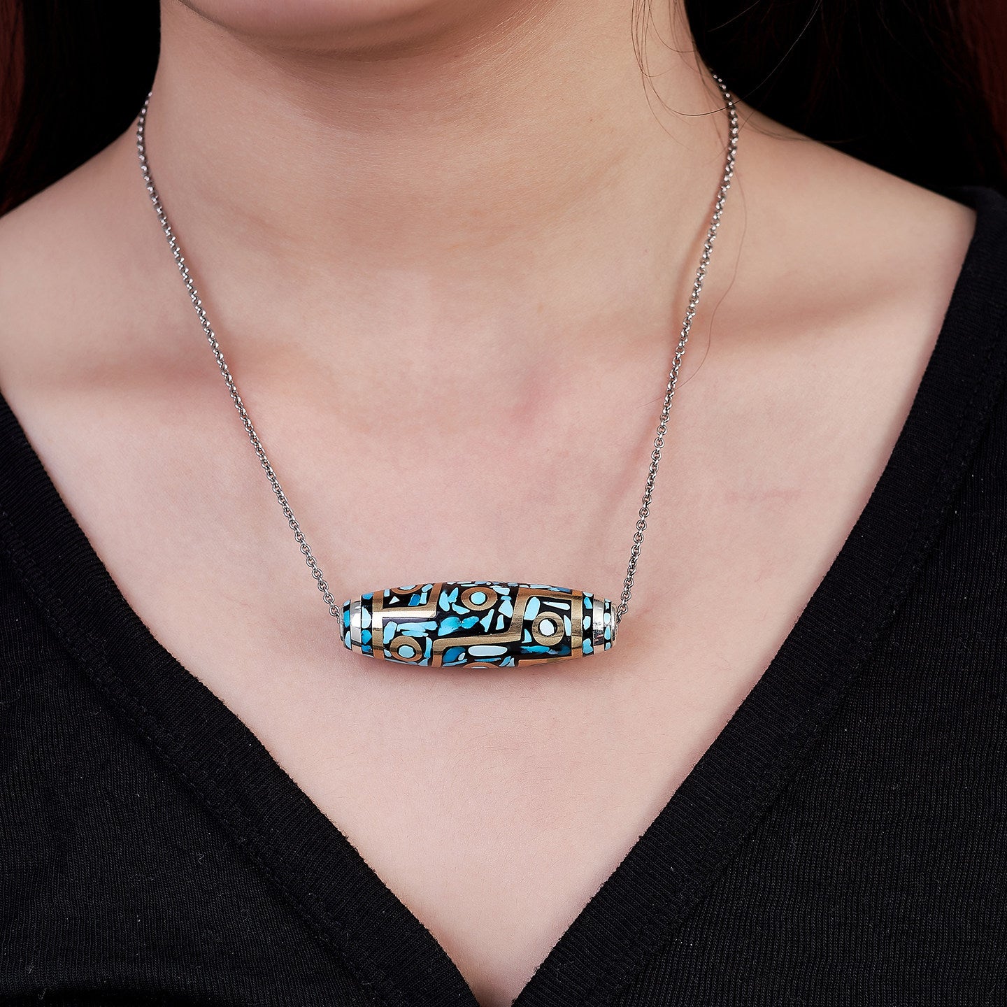 Tibetan Nine-Eyed Dzi turquoise silver copper pendant, DIY waist beads and barrel beads, unisex ethnic necklace, Tibetan Buddhist Jewelry Culture Jewelry art