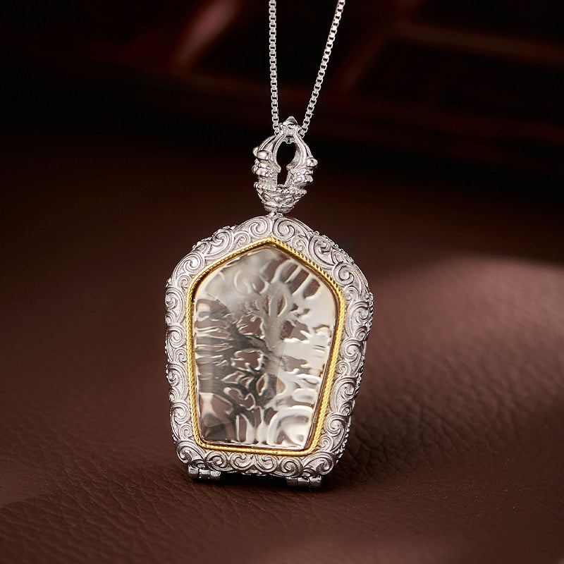 Handcrafted Tibetan Buddhist openable pagoda pendant in white crystal and S925 silver, featuring Zodiac Buddha for protection and blessings, Jewelry Art.