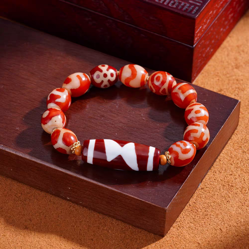 Handcrafted Tibetan Buddhist red mutton multi-gem bead bracelet, combining natural gemstones for luck, protection, and spiritual energy.