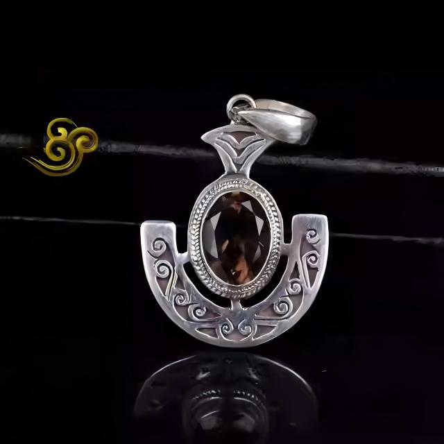 Handcrafted silver anchor pendant with tea crystal, inspired by Tibetan Buddhist Jewelry Culture, engraved Jewelry art for men and women.