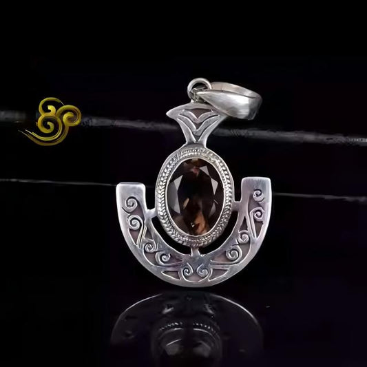 Handcrafted silver anchor pendant with tea crystal, inspired by Tibetan Buddhist Jewelry Culture, engraved Jewelry art for men and women.