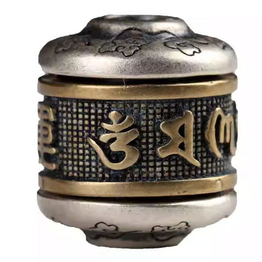 Handcrafted Tibetan silver and copper spacer beads with six-syllable mantra, perfect for DIY spiritual bracelets and Tibetan-style jewelry.