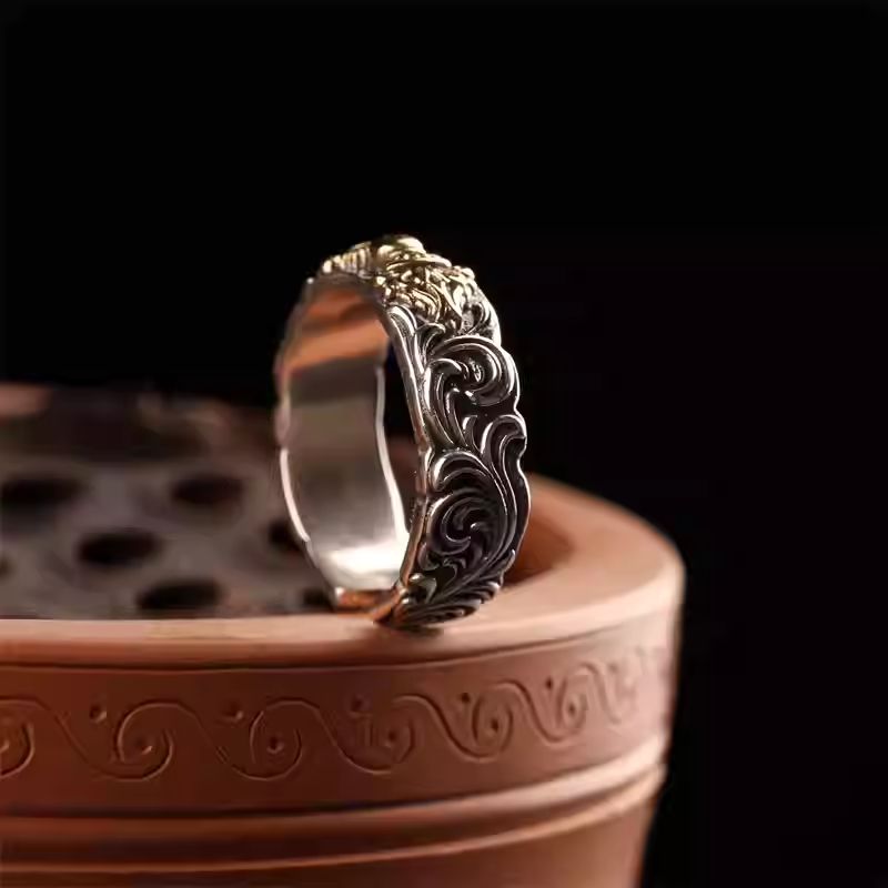 Silver and copper Vajra engraved ring, Tibetan Buddhist Jewelry Culture Jewelry art, handcrafted spiritual ring for men and women