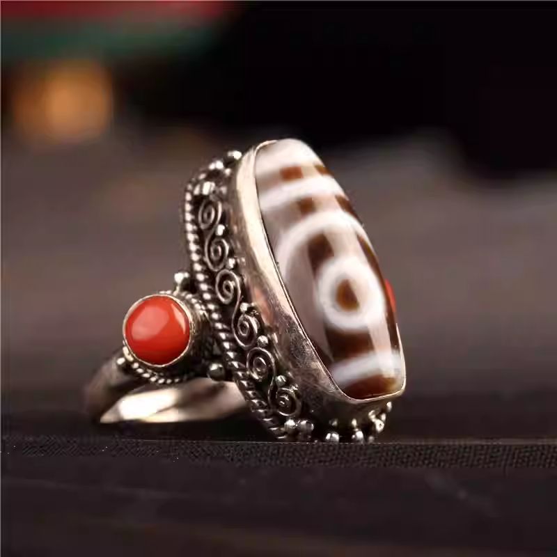 Handcrafted silver Dzi bead adjustable ring, Tibetan Buddhist Jewelry Culture Jewelry art, vintage ethnic statement ring for men and women