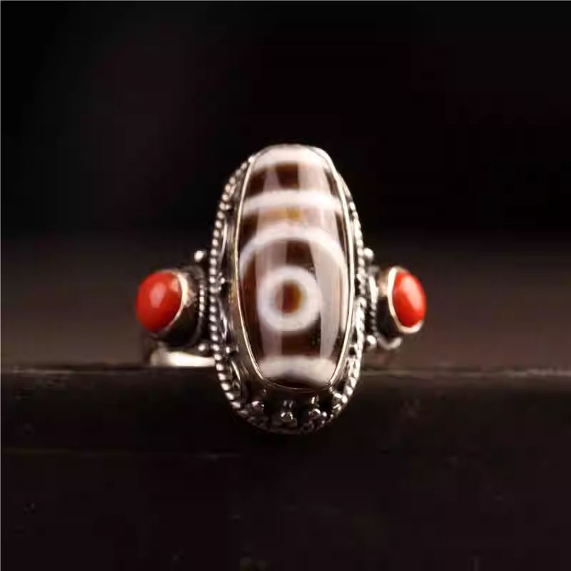 Silver Dzi bead ethnic open ring, Tibetan Buddhist Jewelry Culture Jewelry art, handcrafted creative finger ring for unisex