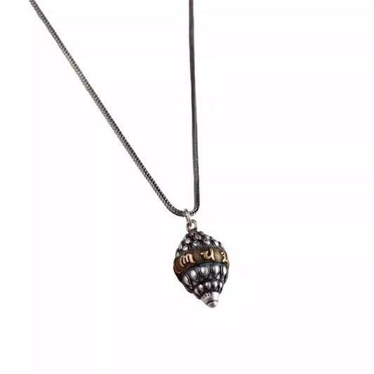 Handcrafted Tibetan Buddhist silver conch pendant featuring the Eight Auspicious Symbols, vintage Nepal jewelry art for men and women