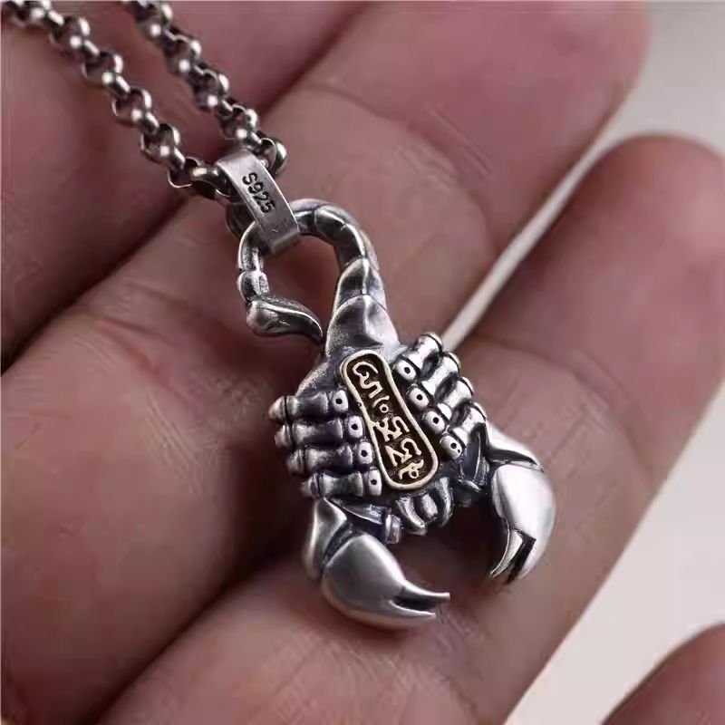 Handcrafted silver flaming scorpion Lama pendant, Tibetan Buddhist Jewelry Culture inspired Jewelry art, unique bold necklace for men and women.