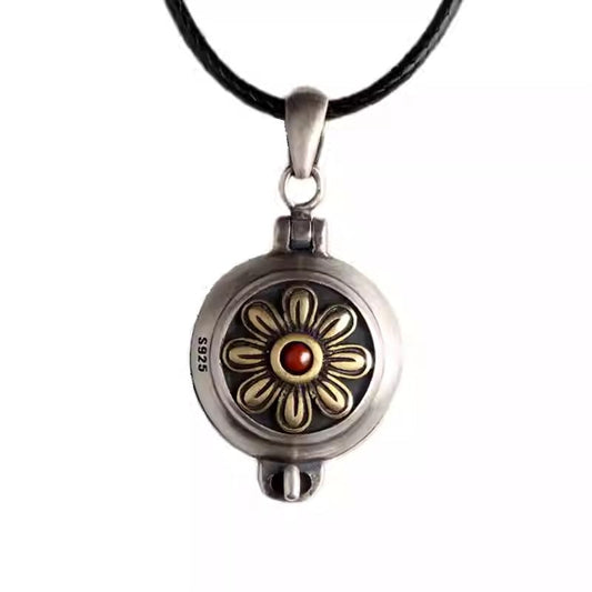 Handcrafted silver small Gesang flower Gau box pendant, Tibetan Buddhist Jewelry Culture inspired Jewelry art, hollow necklace charm for men and women.