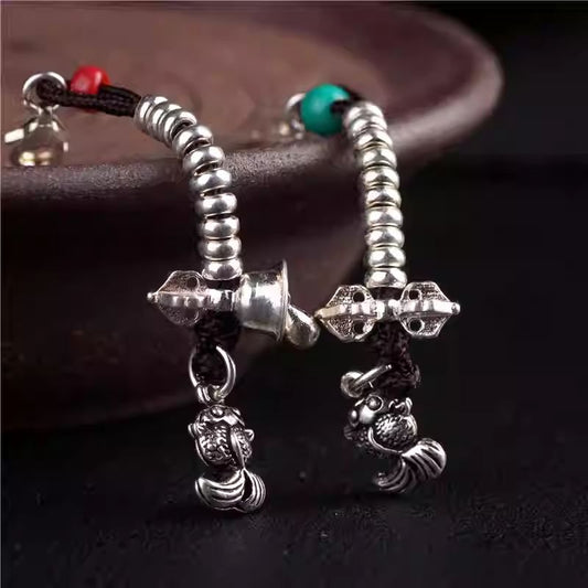 Handcrafted miniature silver goldfish pendant, Tibetan-style side hanging bead, DIY accessory for bracelets, symbolizing prosperity and good fortune.