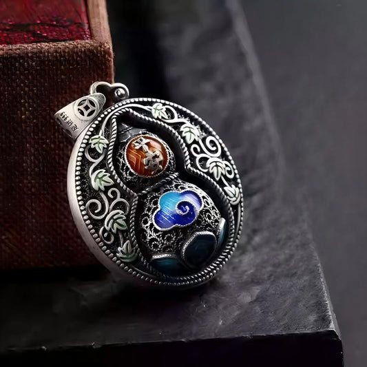 Handmade 999 silver vintage cloisonné gourd necklace, showcasing intricate vine motifs and Tibetan Buddhist-inspired design for spiritual elegance.