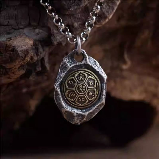 Silver creative six-word mantra necklace pendant, Tibetan Buddhist Jewelry Culture Jewelry art, handcrafted spiritual accessory unisex