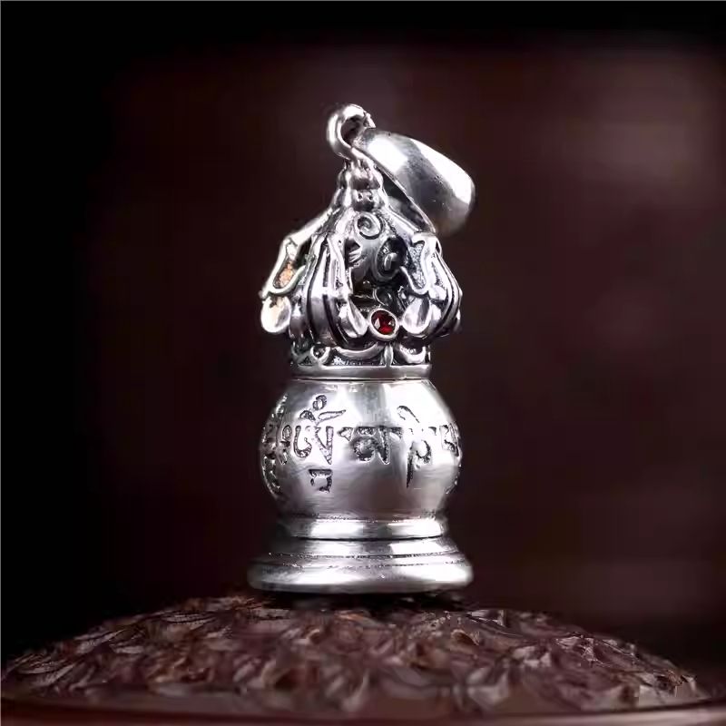 Handcrafted silver tower-shaped Gau box pendant, Tibetan Buddhist Jewelry Culture Jewelry art, hollow necklace charm for men and women
