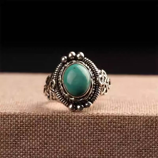 Handcrafted silver turquoise lattice open ring, Tibetan Buddhist Jewelry Culture Jewelry art, vintage ethnic adjustable ring for women