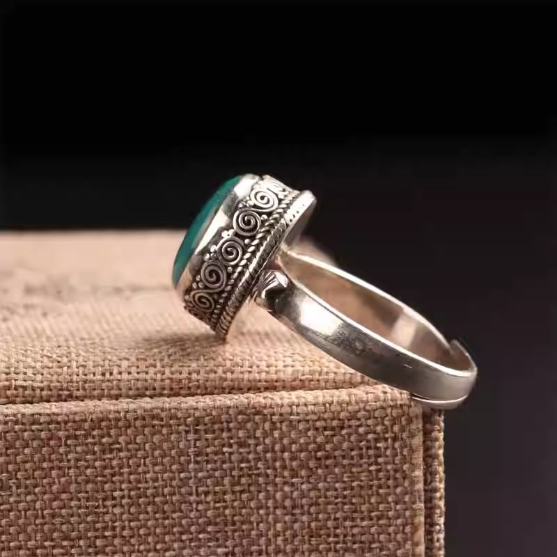 Handcrafted silver turquoise open ring, Tibetan Buddhist Jewelry Culture Jewelry art, vintage ethnic finger ring for women