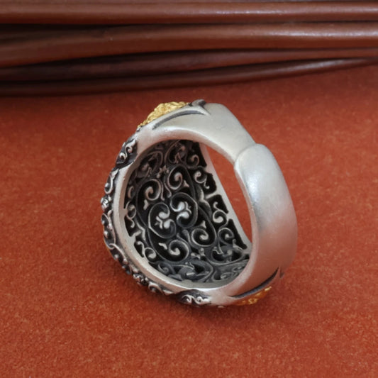 Silver Zhakiram ring featuring hand-painted details inspired by Tibetan Buddhist Jewelry Culture, an exquisite piece of jewelry art for meditation and spiritual practice.