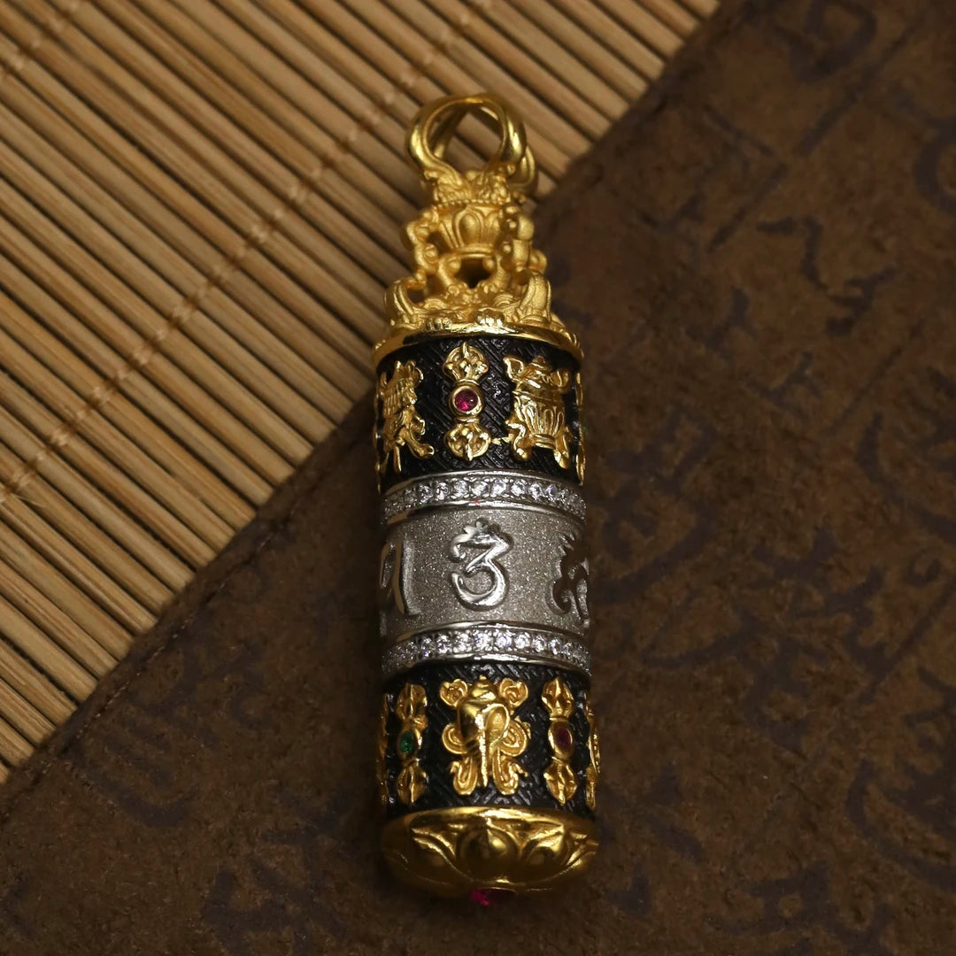 One-of-a-kind handmade silver zircon Eight-Treasure pendant showcasing Tibetan Buddhist jewelry culture, intricately carved jewelry art, perfect for gifting, personal wear, or spiritual protection.