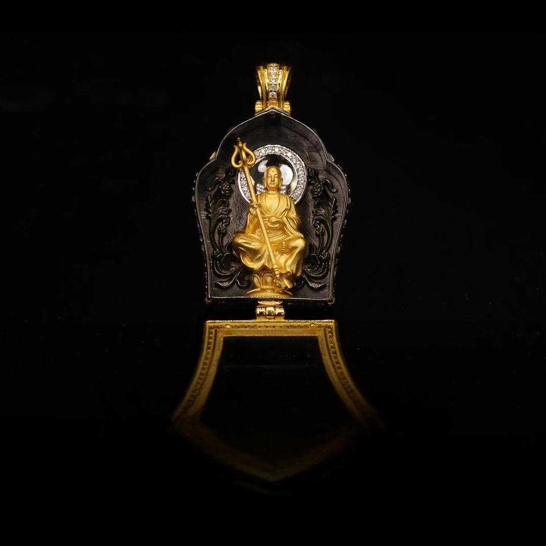 Handcrafted silver zircon Ksitigarbha Bodhisattva pendant, inspired by Tibetan Buddhist jewelry culture and fine jewelry art, featuring intricate carvings, perfect for daily wear, spiritual protection, and collection.