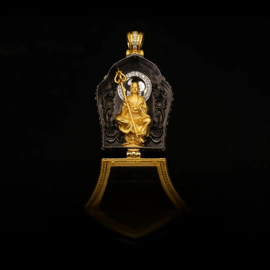 Handcrafted silver zircon Ksitigarbha Bodhisattva pendant, inspired by Tibetan Buddhist jewelry culture and fine jewelry art, featuring intricate carvings, perfect for daily wear, spiritual protection, and collection.