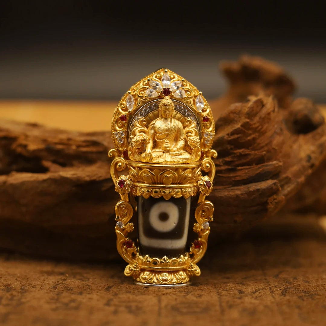 Handcrafted silver zircon Medicine Buddha pendant inspired by Tibetan Buddhist jewelry culture and fine jewelry art, symbolizing healing, protection, and positive energy.