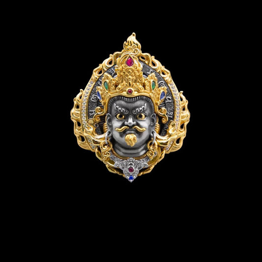 Hand-painted silver zircon Yellow Jambhala pendant, combining Tibetan Buddhist jewelry culture with exquisite jewelry art, ideal for gifting, meditation, or personal adornment.
