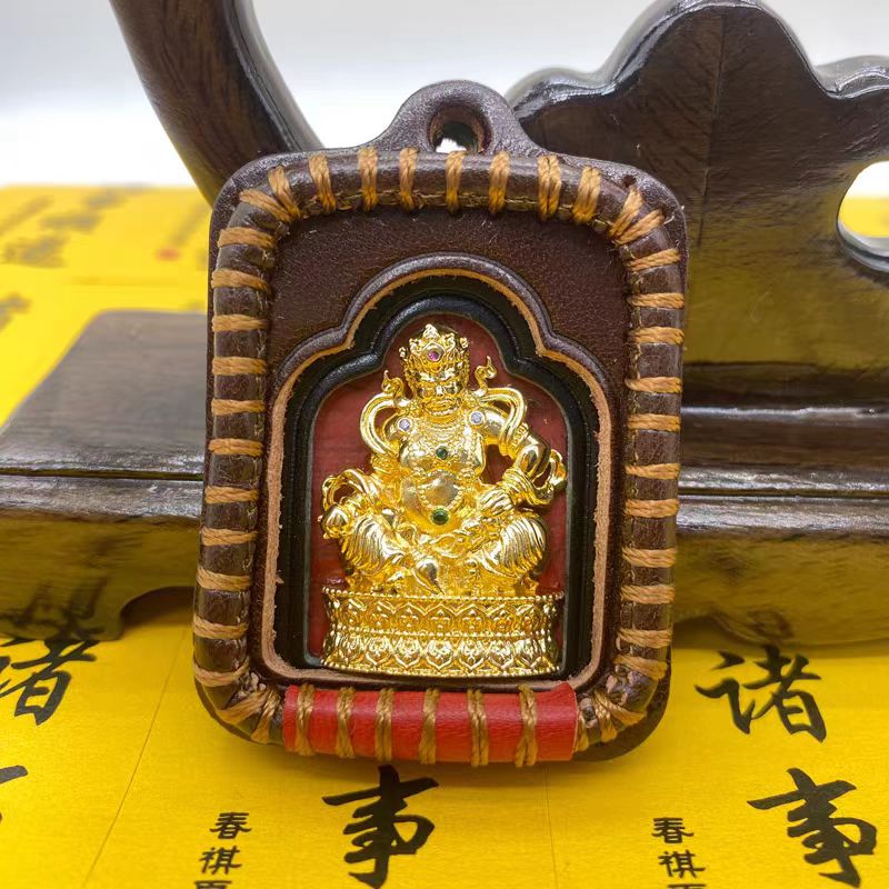 Ethnic leather Zakiram talisman pendant, handcrafted Tibetan Buddhist Jewelry Culture-inspired jewelry art for luck, safety, and positive energy.