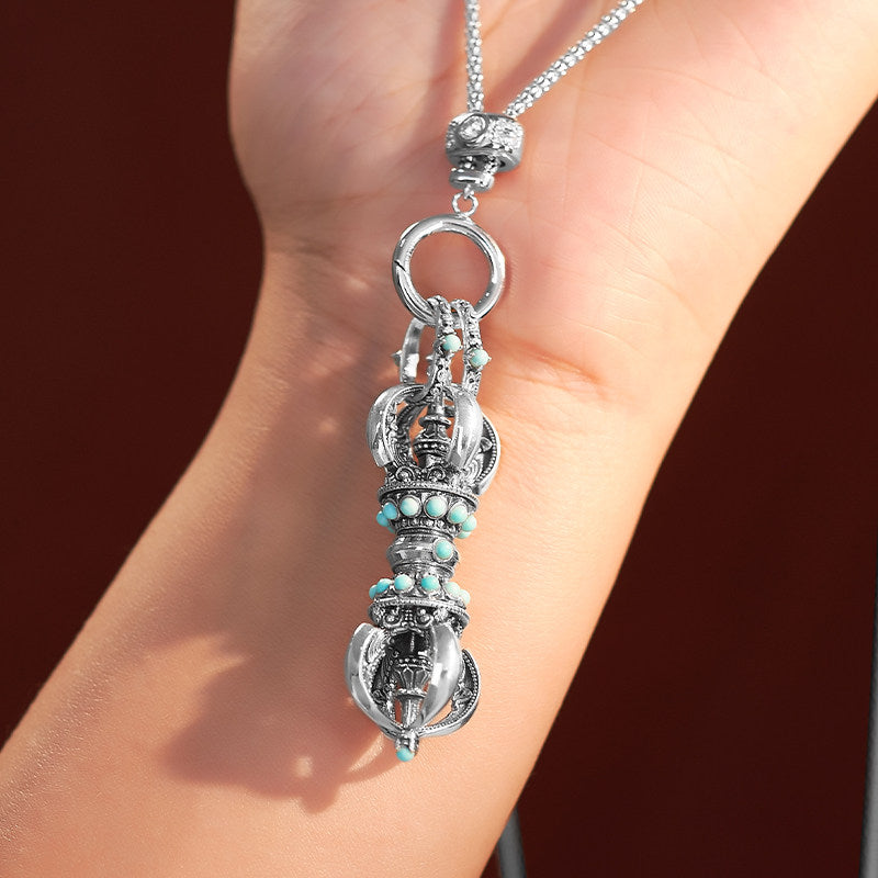 Tibetan Vajra Turquoise Silver pendant necklace, unisex accessory for empowerment, meditation, and spiritual strength, Tibetan Buddhist Jewelry Culture Jewelry art