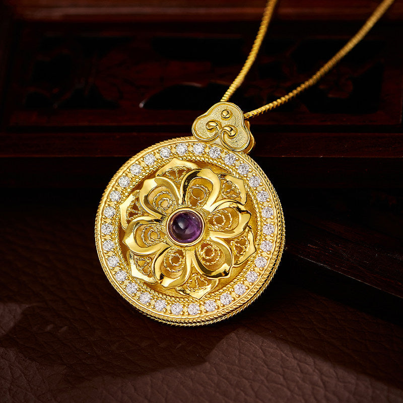Tibetan Yasheng Coin hollow lotus dual-sided S925 silver pendant, unisex necklace for peace and protection, Tibetan Buddhist Jewelry Culture Jewelry art