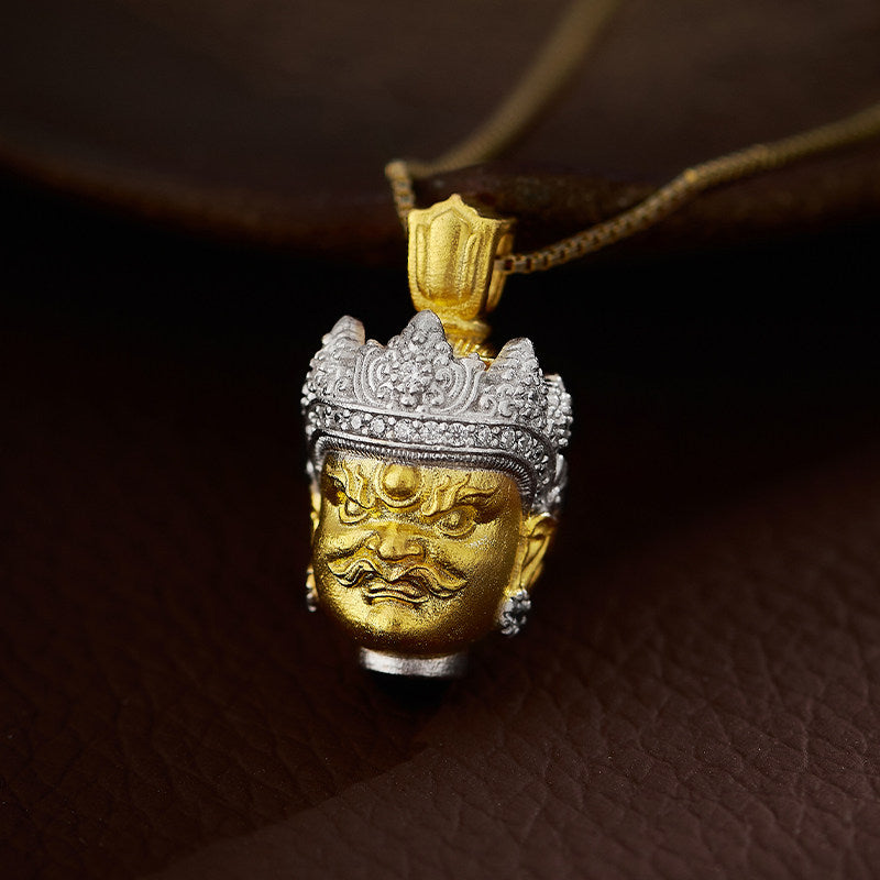 Handcrafted Tibetan Buddhist Yellow Jambhala silver pendant, ethnic guardian amulet necklace for protection and prosperity, Jewelry Art.