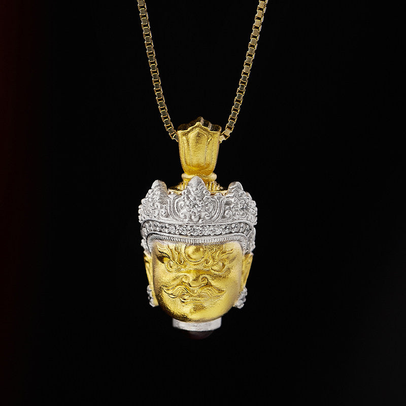Pure handmade Yellow Jambhala silver pendant, Tibetan Buddhist ethnic guardian amulet necklace for men and women, Jewelry Art.