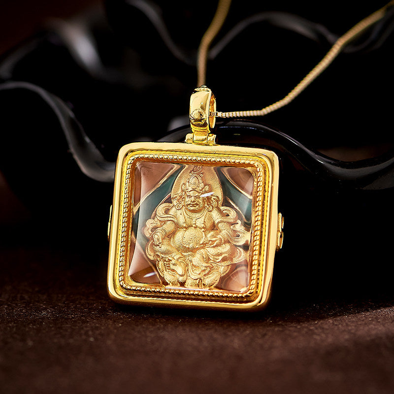 Pure handmade Yellow Jambhala pendant featuring white crystal and red cinnabar in silver, Tibetan Buddhist Jewelry Art for protection and positive energy.