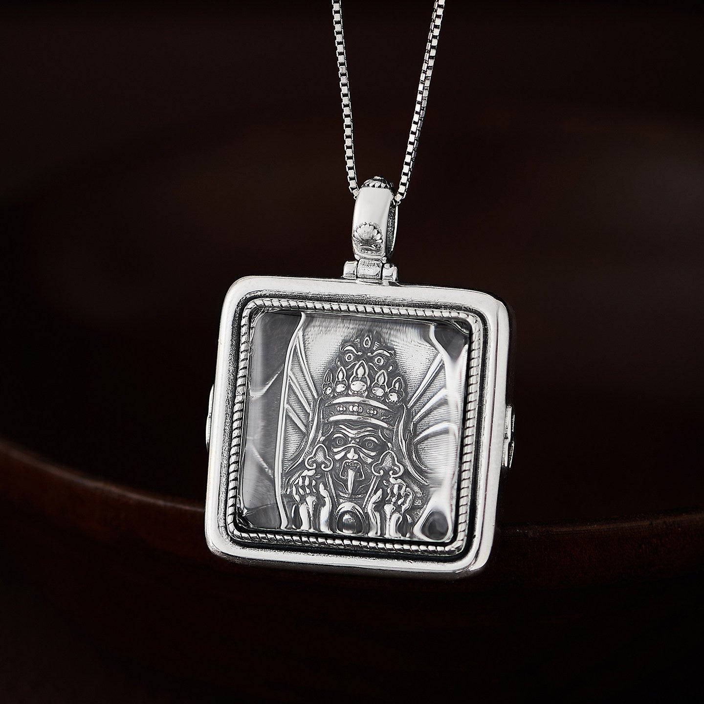 Tibetan Zakilam white crystal silver square pendant, ethnic unisex necklace for protection and elegance, Tibetan Buddhist Jewelry Culture Jewelry art