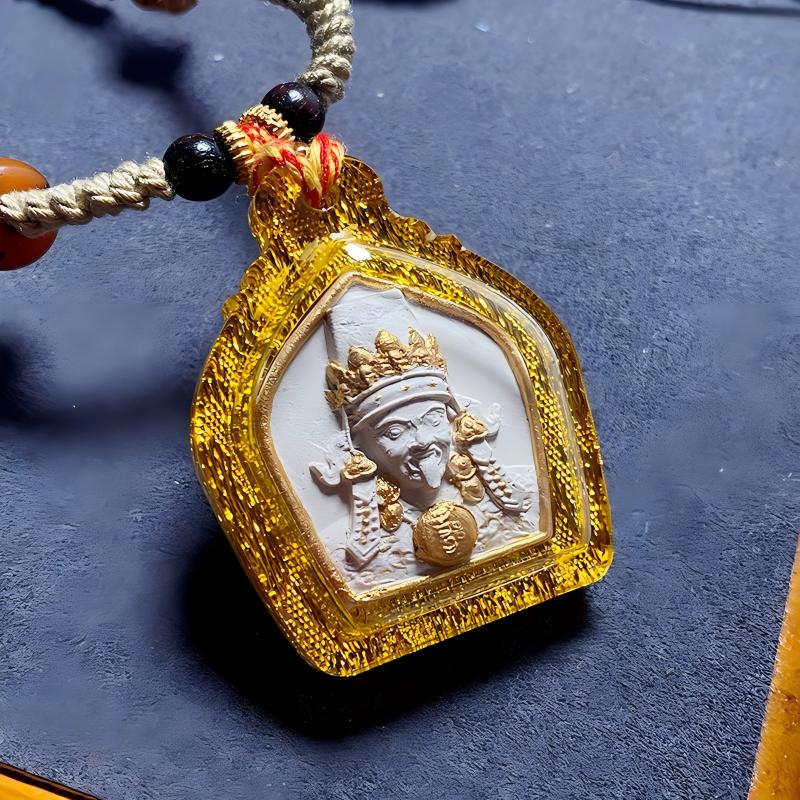 Hand-painted Tibetan Buddhist Zakiram Ash pendant with small Thangka, handcrafted jewelry art offering protection, blessings, and spiritual strength.