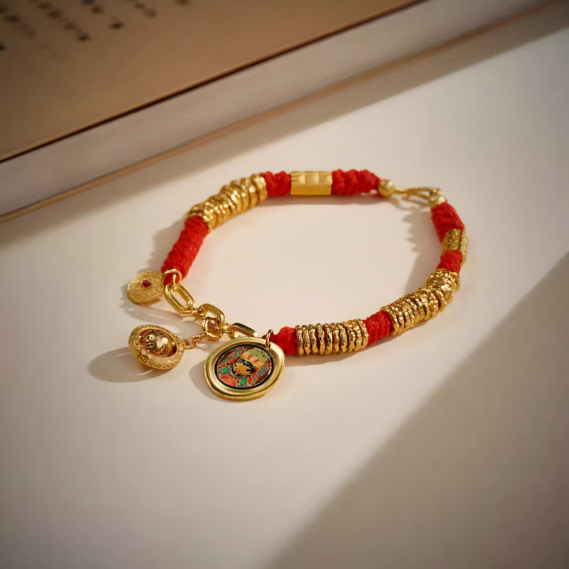 Handcrafted red thread Zakiram handwoven bracelet, Tibetan Buddhist Jewelry Culture jewelry art designed for good fortune, luck, and personal protection.