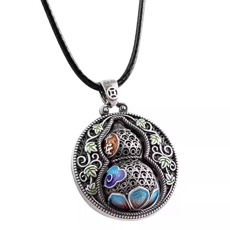Pure silver rotating cloisonné gourd pendant with vine details, handcrafted in Tibetan Buddhist style, perfect for necklaces or unique gifts.