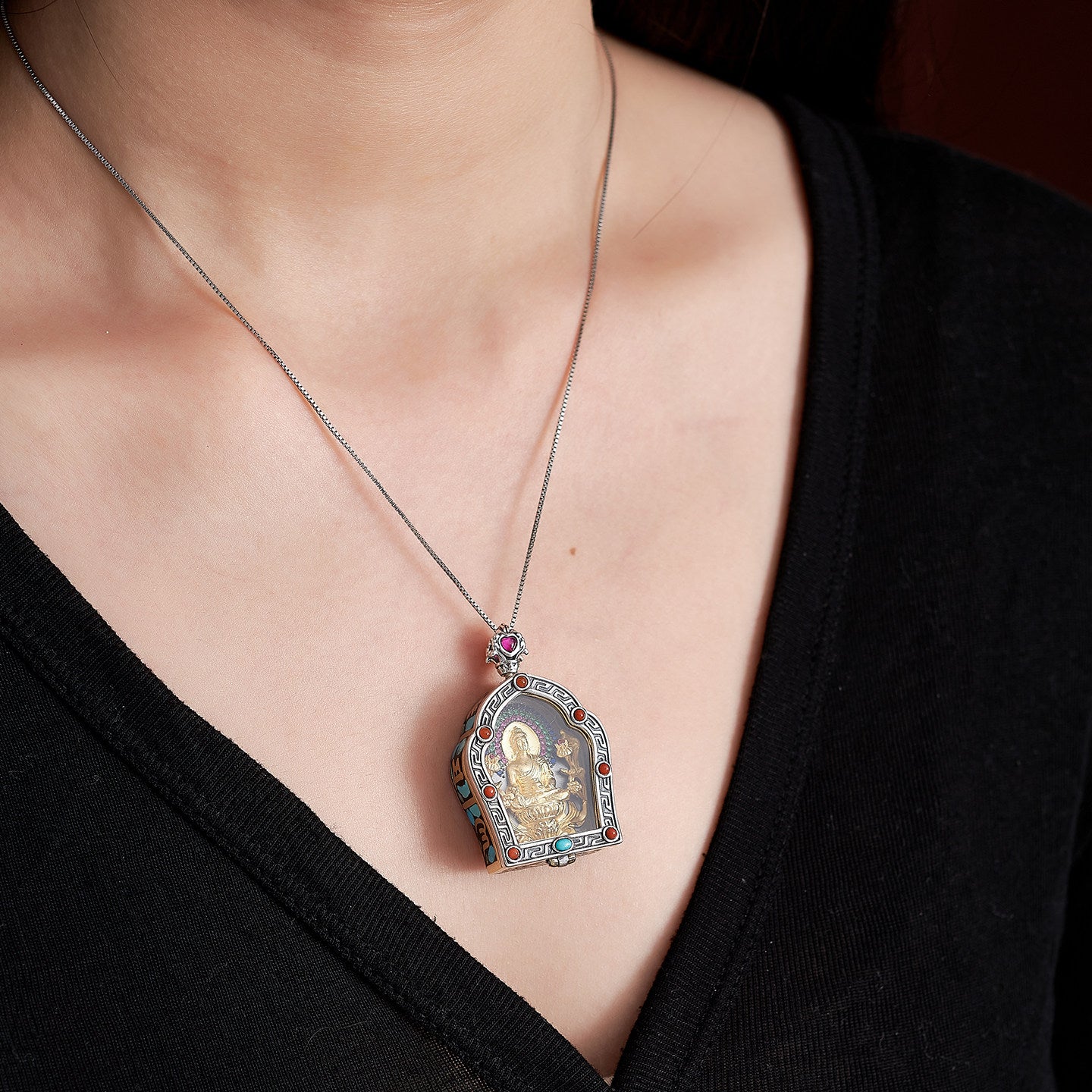Handmade silver and copper Bhaisajyaguru pendant with turquoise, rotatable Gau Box necklace, unisex Tibetan protective talisman, Tibetan Buddhist Jewelry Culture Jewelry art