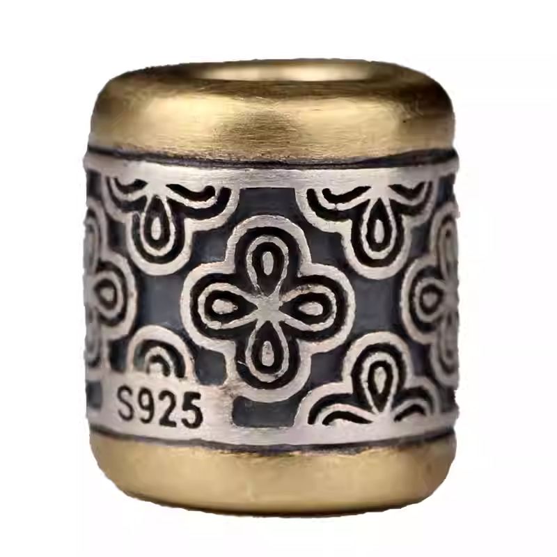 Hand-painted silver big bore spacer bead with vintage textures, showcasing Tibetan Buddhist Jewelry Culture and Jewelry art.