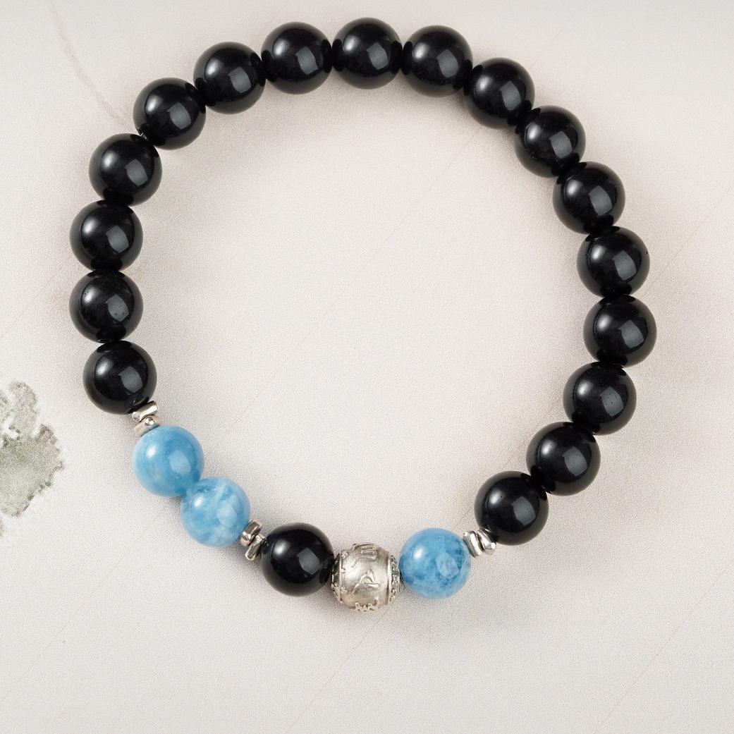 Tibetan Buddhist Jewelry Art: "Ocean Moon" Obsidian Aquamarine Bracelet "Hai Tian Yue" for intuition and protection