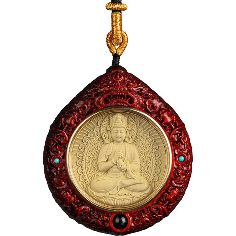 Unique handmade blackwood Birth Buddha Zodiac pendant, intricately carved with double-sided design, reflecting Tibetan Buddhist jewelry culture and artisan jewelry art, suitable for collectors and spiritual practitioners.