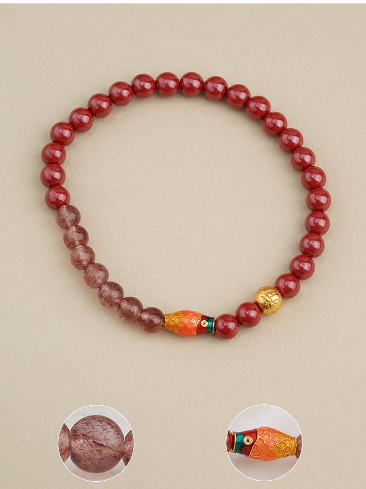 Tibetan Buddhist Jewelry Culture: Handmade Cinnabar Strawberry Crystal Beads Bracelet combining protection with loving energy