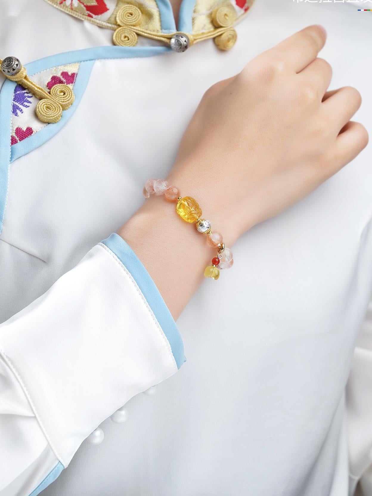 Tibetan Buddhist Jewelry Culture: Hand-Painted Crystal Golden Amber Pi Xiu Blessing Bracelet for financial abundance