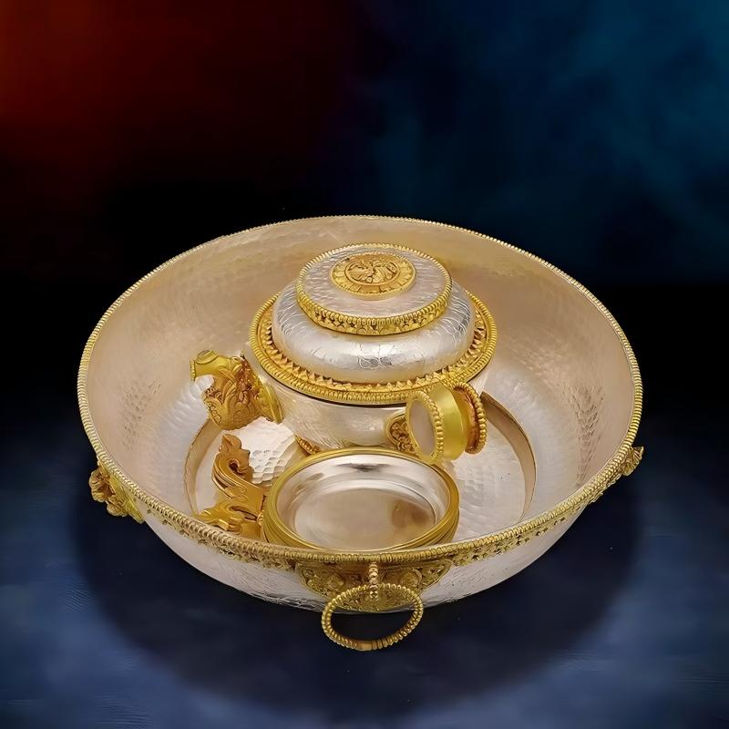 Set of 7 sacred water offering cups with gold and silver plating, a unique piece of Tibetan Buddhist Jewelry Culture jewelry art.