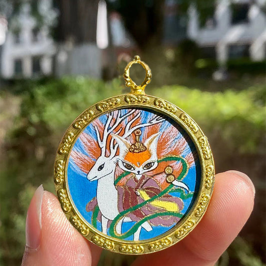 Handmade Kitsune Mini Thangka pendant, Tibetan Buddhist Jewelry Culture, Jewelry art for spiritual protection and blessings